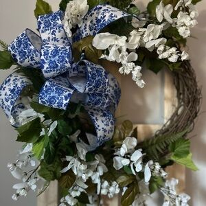 Floral Wreath with Blue and White Ribbon